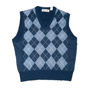 VTG Castle Rock Sweater Vest Mens Large V-Neck Blue Argyle Knit Virgin Acrylic